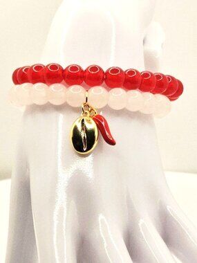Red White Bracelet Set, Stacked Beaded Bracelet, Lucky Bracelet, Espresso Bean